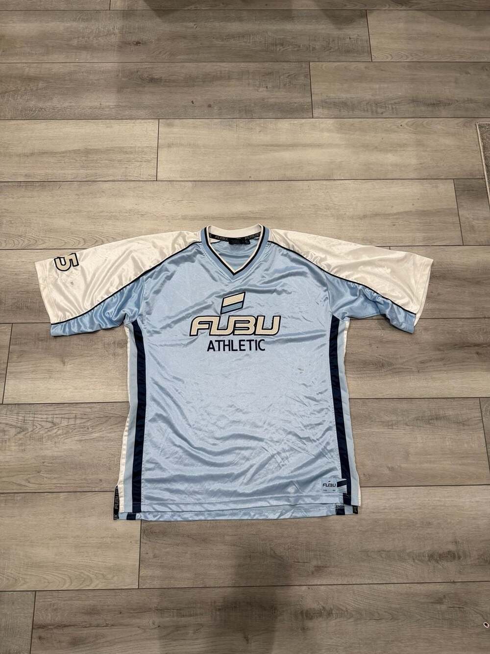 Y2K 2005 Vintage FUBU Athletic V-Neck Jersey Light Blue White Size XL